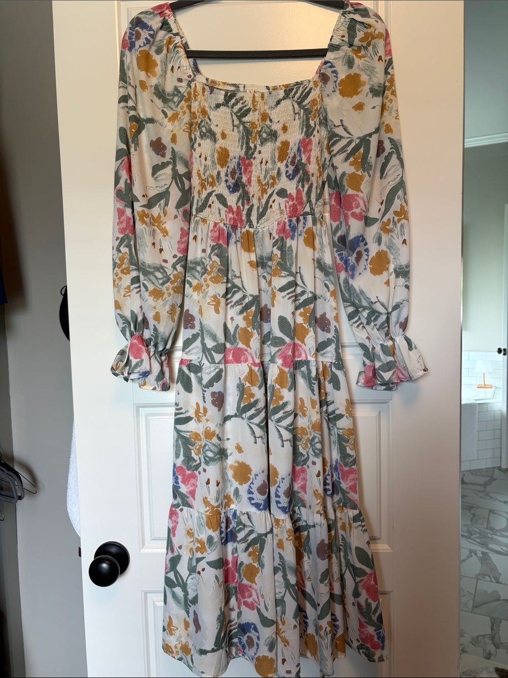 Floral Smocked Maxi Dress in Cream with Pink & Mustard